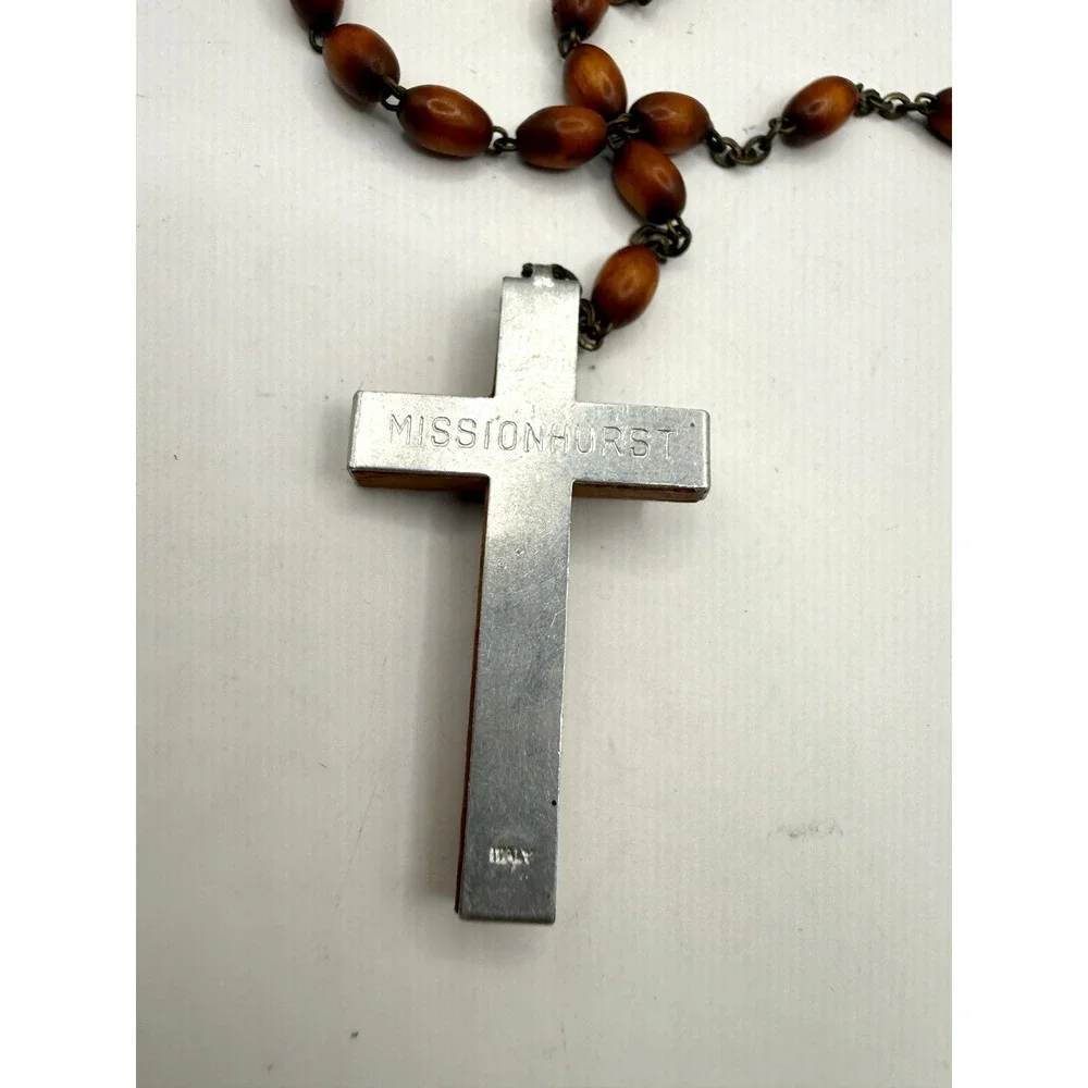 Vintage Missionhurst Wood Bead Rosary Catholic Crucifix‎ Silver Tone Jesus Cross